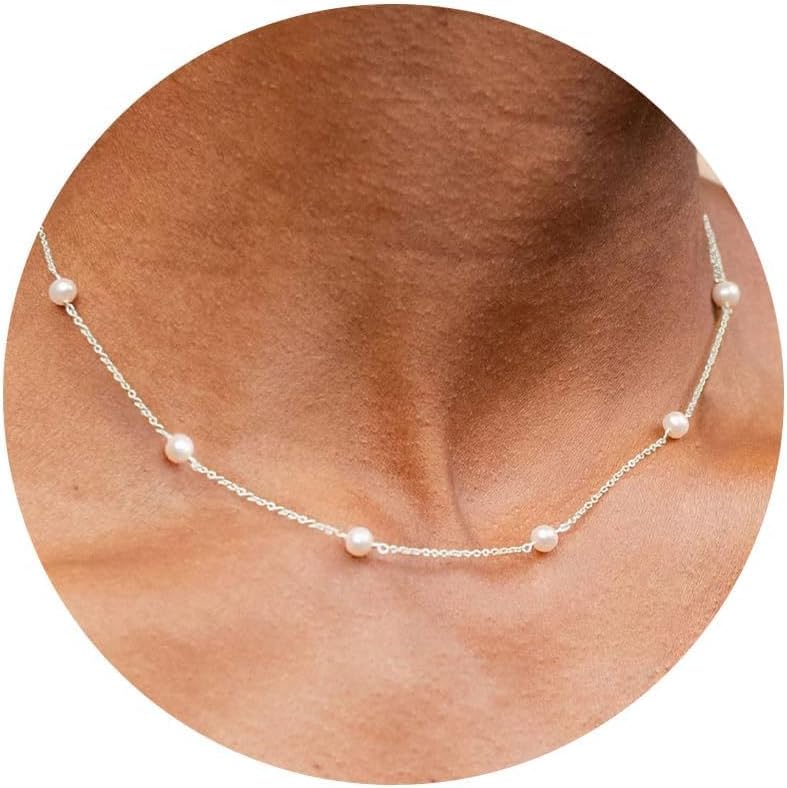 PRTGL Store Pearl Necklace: 14K Gold-Plated/White Gold-plated Pearl Necklace for Women 16.5” + 2” - Image 1